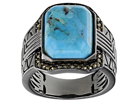 Blue Turquoise Black Rhodium Over Brass Men's Ring