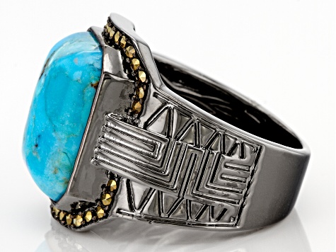 Blue Turquoise Black Rhodium Over Brass Men's Ring