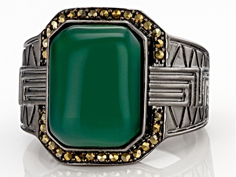 Green Onyx Black Rhodium Over Brass Men's Ring