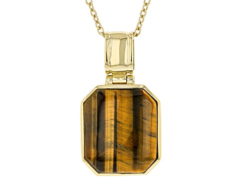 Brown Tigers Eye 18K Yellow Gold Over Sterling Silver Pendant With Chain 16x14mm