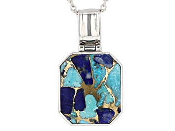 Picture of Blue Blended Composite Turquoise and Lapis Lazuli Rhodium Over Silver Men's Pendant With Chain