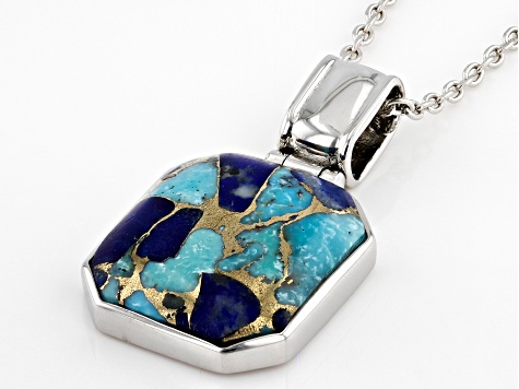 Blue Blended Composite Turquoise and Lapis Lazuli Rhodium Over Silver Men's Pendant With Chain