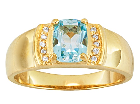 Sky Blue Topaz And White Zircon 18k Yellow Gold Over Silver Mens Ring 1.43ctw