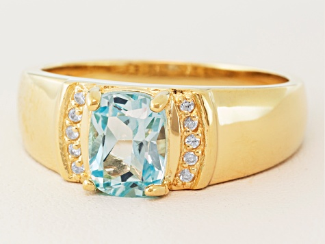Sky Blue Topaz And White Zircon 18k Yellow Gold Over Silver Mens Ring 1.43ctw