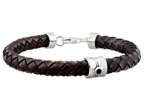 Brown Smoky Quartz Rhodium Over Sterling Silver Woven Leather Men's Bracelet .11ct