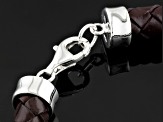 Brown Smoky Quartz Rhodium Over Sterling Silver Woven Leather Men's Bracelet .11ct