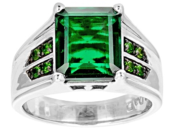 Picture of Green Lab Emerald Rhodium Over Sterling Silver Men's Ring 4.27ctw.