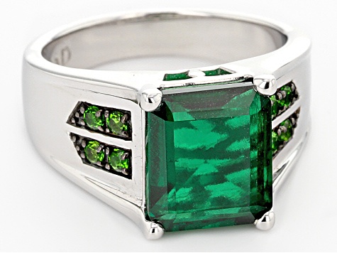 Green Lab Emerald Rhodium Over Sterling Silver Men's Ring 4.27ctw.