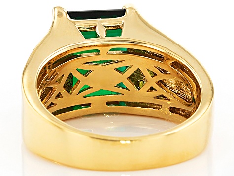 Green lab created emerald 18k yellow gold over silver gent's ring 4.32ctw