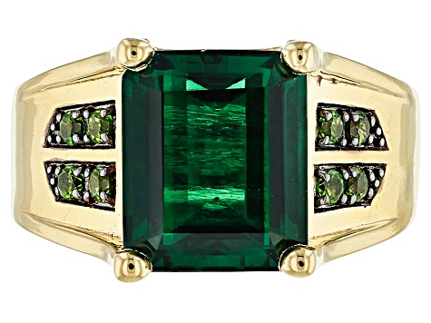 Green lab created emerald 18k yellow gold over silver gent's ring 4.32ctw