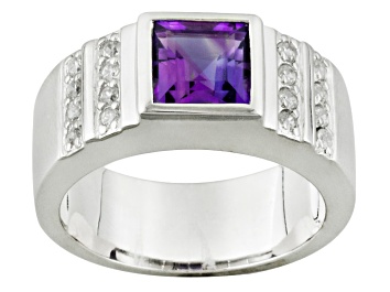 Picture of Purple African Amethyst Rhodium Over Sterling Silver Men's Ring 1.90ctw.