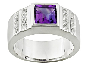 Purple African Amethyst Rhodium Over Sterling Silver Men's Ring 1.90ctw.