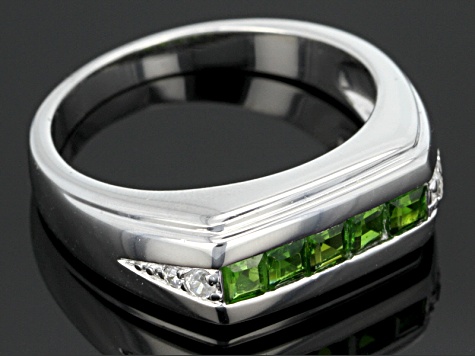 Green Chrome Diopside Rhodium Over Sterling Silver Gents Wedding Band Ring .84ctw.