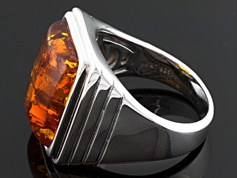 Brown Amber Rhodium Over Sterling Silver Mens Solitaire Ring.