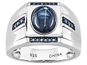 Blue Star Sapphire Rhodium Over Sterling Silver Mens Ring 3.01ctw.