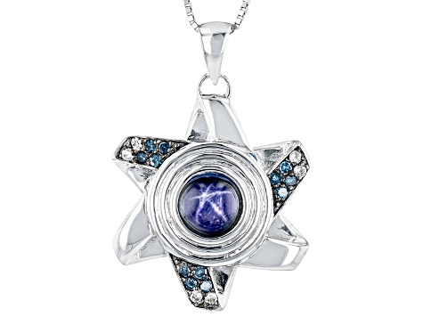 Blue Star Sapphire Rhodium Over Silver Men's Pendant with Chain 2.80ctw