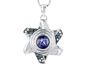 Blue Star Sapphire Rhodium Over Silver Men's Pendant with Chain 3.03ctw