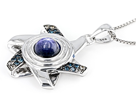 Blue Star Sapphire Rhodium Over Silver Men's Pendant with Chain 2.80ctw