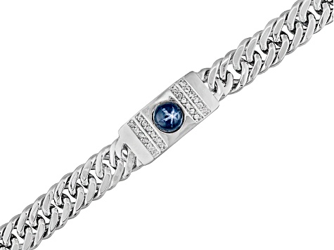 Blue Star Sapphire Rhodium Over Sterling Silver Men's Bracelet 3.15ctw