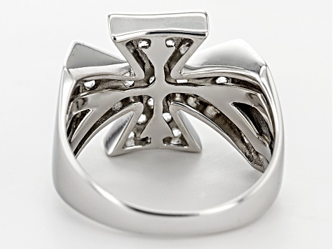 White Zircon Rhodium Over Sterling Silver Men's Cross Ring 1.30ctw.