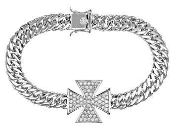 Picture of White Zircon Rhodium Over Sterling Silver Men's Cross Bracelet 3.10ctw.