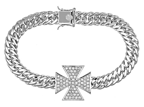 White Zircon Rhodium Over Sterling Silver Men's Cross Bracelet 3.10ctw.