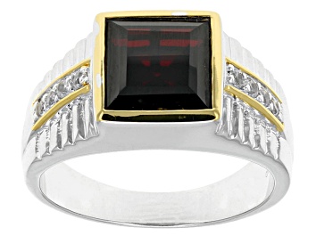 Picture of Red Garnet Rhodium Over Sterling Silver, Two-Tone Men's Ring 5.89ctw
