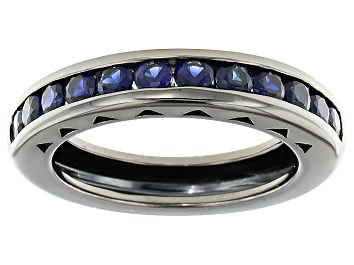 Picture of Blue Lab Created Sapphire Black Rhodium Over Sterling Silver Gents Wedding Band Ring 1.51ctw