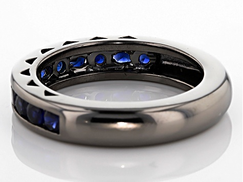 Blue Lab Created Sapphire Black Rhodium Over Sterling Silver Gents Wedding Band Ring 1.51ctw