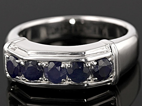Blue Sapphire Rhodium Over Sterling Silver Gents Wedding Band Ring 1.66ctw