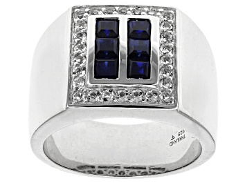 Picture of Blue Lab Created Sapphire Rhodium Over Sterling Silver Men's Ring 1.60ctw