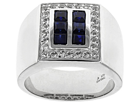 Blue Lab Created Sapphire Rhodium Over Sterling Silver Men's Ring 1.60ctw