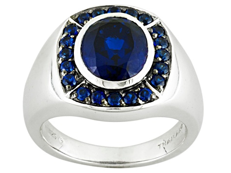 Blue Lab Created Sapphire Rhodium Over Sterling Silver Men's Ring 5.66ctw