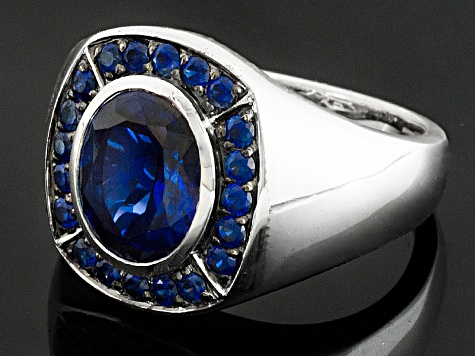 Blue Lab Created Sapphire Rhodium Over Sterling Silver Men's Ring 5.66ctw