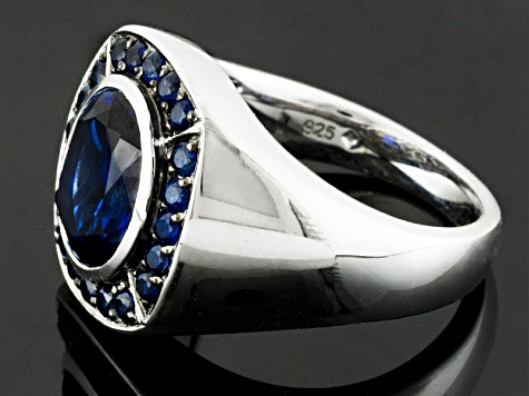 Blue Lab Created Sapphire Rhodium Over Sterling Silver Men's Ring 5.66ctw