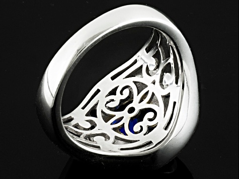 Blue Lab Created Sapphire Rhodium Over Sterling Silver Men's Ring 5.66ctw