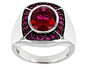 Red Lab Created Ruby Rhodium Over Sterling Silver Mens Ring 5.12ctw
