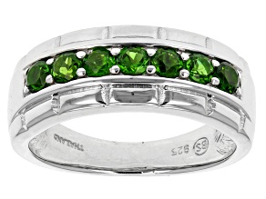 Green Russian Chrome Diopside Rhodium Over Sterling Silver Gents Wedding Band Ring .86ctw