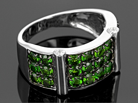 Green chrome diopside rhodium over sterling silver men's band ring 3.03ctw