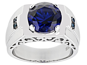 Picture of Blue Lab Created Spinel with Blue Diamond Accent Rhodium Over Silver Men's Ring 4.61ctw