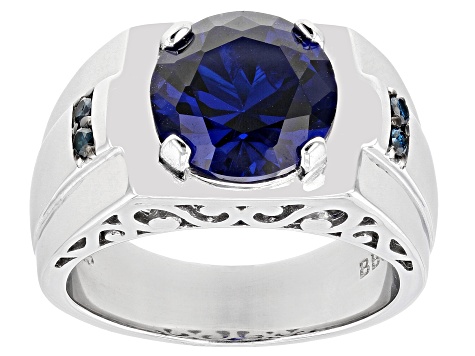 Blue Lab Created Spinel with Blue Diamond Accent Rhodium Over Silver Men's Ring 4.61ctw