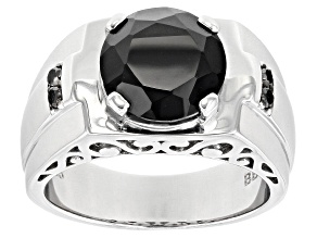 Black Spinel with Black Diamond Accent Rhodium Over Silver Men's Ring 6.11ctw