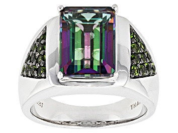 Picture of Mystic Fire® Green Topaz Rhodium Over Silver Men's Ring 8.21ctw