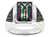 Mystic Fire® Green Topaz Rhodium Over Silver Men's Ring 8.21ctw