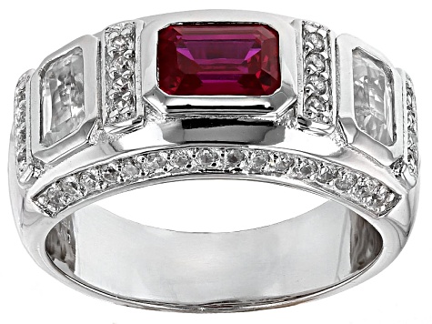 Red Lab Created Ruby Rhodium Over Sterling Silver Men's Ring 3.82ctw
