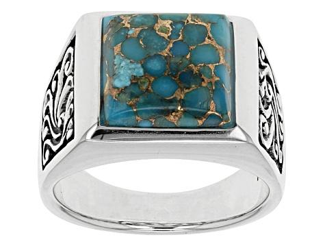 Blue Composite Turquoise Rhodium Over Sterling Silver Men's Ring