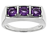 Blue Color Shift Fluorite Rhodium Over Sterling Silver 3-Stone Men's Ring 1.50ctw