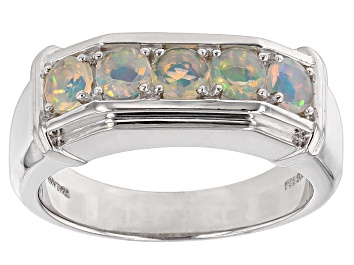 Picture of Ethiopian Opal Rhodium Over Sterling Silver Mens Wedding Band Ring .70ctw