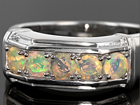 Ethiopian Opal Rhodium Over Sterling Silver Mens Wedding Band Ring .70ctw