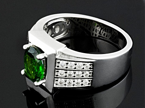 Green Chrome Diopside Rhodium Over Sterling Silver Men's Ring. 2.24ctw